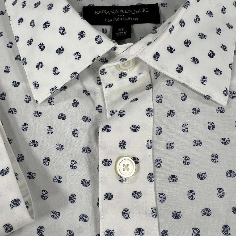 Banana Republic‎ Shirt Mens XL Extra Large White Geometric Button Up Slim Fit